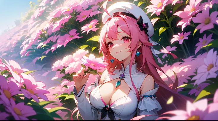 1 girl, game CG, white clothes, cleavage visible, shoulder visible, white short skirt, small white beret, jewel pendant, gigantic breasts, pink hair, long hair, straight hair, princess hairstyle, ahoge, pink eyes, smiles, plateaus, flower fields,