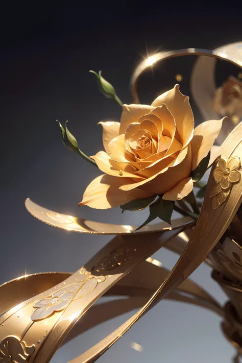 1 full golden all-metal rose，the petals connect to form a bridge，metalictexture，all metals，gold parts，reflectors，material of met...