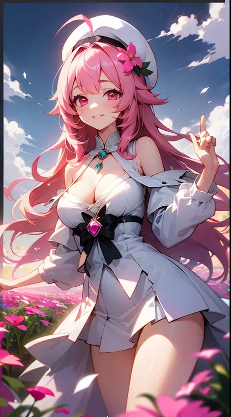 1 girl, game CG, white clothes, cleavage visible, shoulder visible, white short skirt, small white beret, jewel pendant, gigantic breasts, pink hair, long hair, straight hair, princess hairstyle, ahoge, pink eyes, smiles, plateaus, flower fields,