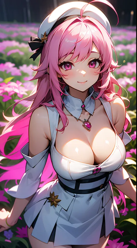 1 girl, game CG, white clothes, cleavage visible, shoulder visible, white short skirt, small white beret, jewel pendant, gigantic breasts, pink hair, long hair, straight hair, princess hairstyle, ahoge, pink eyes, smiles, plateaus, flower fields,