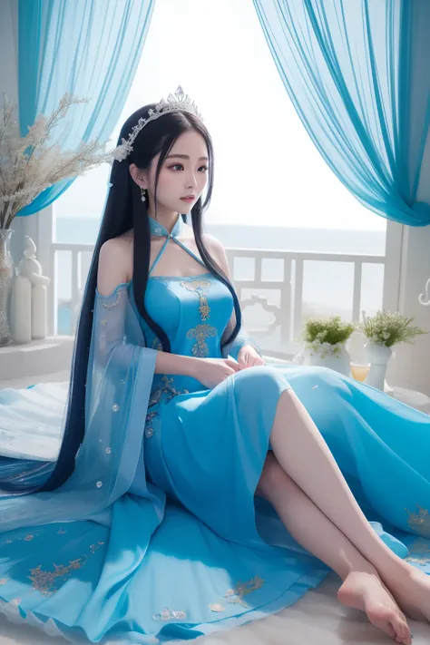 there is a woman in a blue dress laying on a bed, closeup fantasy with water magic, ethereal fantasy, xianxia fantasy, queen of ...