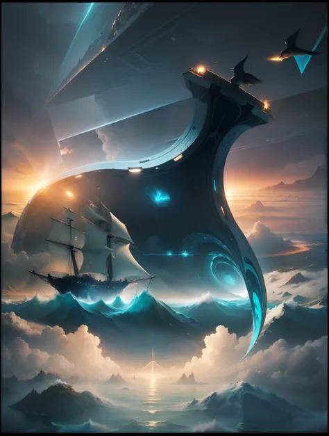 Imagine a beautiful flowing organic light contrasting world without deceit, greed or evil suspended among the clouds, with floating cities and celestial waterfalls. (highly epic detailed geometric futuristic:1.5), centered, middle of an Insanely colorful e...