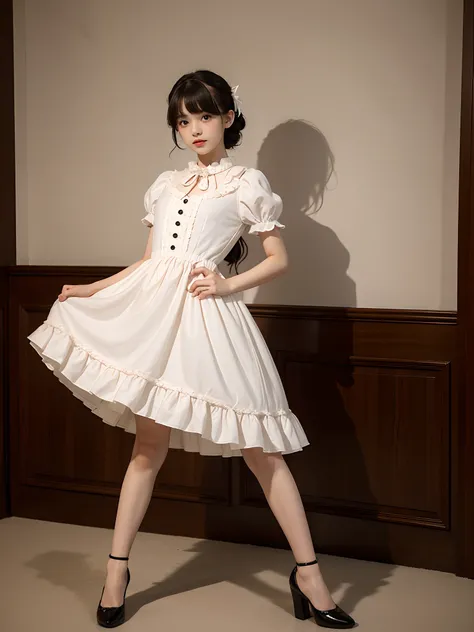 1boy，A boy who looks like a pretty girl，Wearing a Lolita-style dress，High-heeled leather shoes