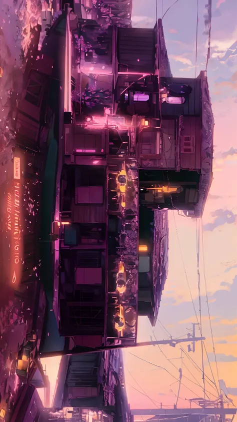 anime scene of a train passing under a pink and purple sky, an anime drawing by Makoto Shinkai, trending on pixiv, magical realism, beautiful anime scene, cosmic skies. by makoto shinkai, ( ( makoto shinkai ) ), by makoto shinkai, anime background art, sty...