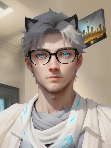 Highest quality, delicate painting style, delicate hook line, masterpiece, delicate skin, delicate hair, complete painting, masterpiece, delicate hands, delicate eyes, normal eyes, gray cat ears, furry, black frame round glasses, blue eyes, handsome, ((whi...