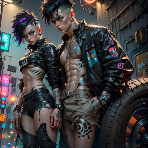 Beautiful woman 1female with punk hair style in a police cap, Short sexzy police clothes in the style of cyberpunk police, Tanned dusky Skin, It looks contrasting, good anatomy, Muscles are drawn, standing with futurasric  jeep,The dark sky is overcast, in...