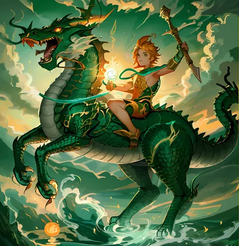 Drawing of a boy riding a dragon with a spear in her hand, In the evening water, The sun is orange......, Dragon Rider, Dragon Ride, android jones and rhads, Jesus rides a dragon, Chubby vs Dragon. passenger, Epic full color illustration, Childrens art in ...