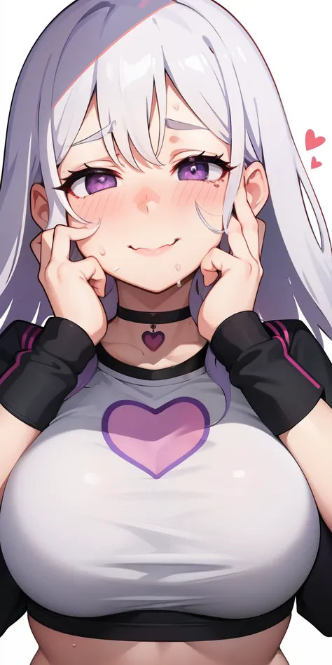 1girl,heart-shaped pupils,fingernails,hands on own face,white hair,purple eyes,(blush:1.1),choker,upper body,trembling,sweat,sweatdrop,heart,(speed lines:1.1),medium breasts, ((heavy breathing:1.3)), love, heart, crop top, happy, smile