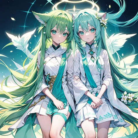 {{Best quality}}, {{Masterpiece}}, {{super ultra detail}}, {{illustration}}, {{Detailed light}}, Green hair color, Turquoise eyes, double tails, Loli style, Long hair shawl, There is a halo effect