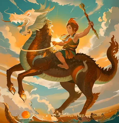 Drawing of a boy riding a dragon with a spear in her hand, In the evening water, The sun is orange......., Dragon Rider, Dragon Ride, android jones and rhads, Jesus rides a dragon, Chubby vs Dragon. passenger, Epic full color illustration, Childrens art in...