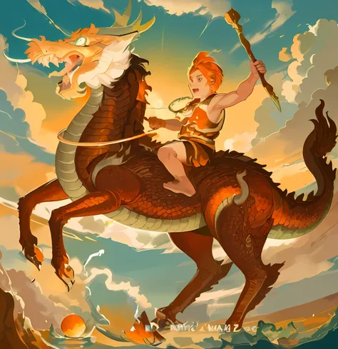 Drawing of a boy riding a dragon with a spear in her hand, In the evening water, The sun is orange......., Dragon Rider, Dragon Ride, android jones and rhads, Jesus rides a dragon, Chubby vs Dragon. passenger, Epic full color illustration, Childrens art in...