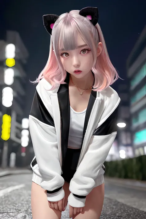 Track jacket、Jersey、Golden and black and light blue and silver and pink hair、O cabelo multicolorido、Photorealsitic, hight resolution, Heterochromia eyes, small moles under eyes、bob cuts、Blunt bangs、Lucy(cyberpunked), 1girl in, hair scrunchie, hime-cut, sil...