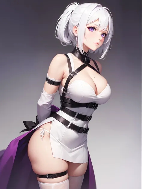 a women, white hair, purple eyes, white dress,bound, (bdsm:1.2)