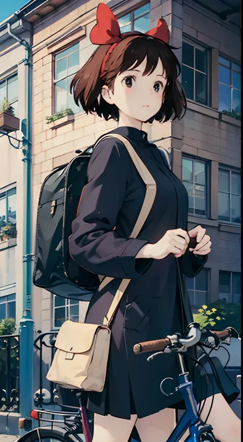 Best image quality, outstanding detail, ultra high resolution, (realism: 1.4), best illustration, prefer details, Kiki carrying a big backpack, posing cute in front of a bicycle, the background is a scene of urban office buildings lined up, black coat, red...