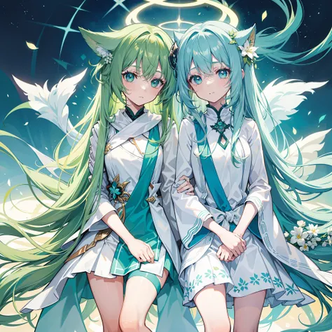 {{Best quality}}, {{Masterpiece}}, {{super ultra detail}}, {{illustration}}, {{Detailed light}}, Green hair color, Turquoise eyes, double tails, Loli style, Long hair shawl, There is a halo effect