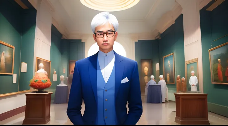 stand in the museum５０asian man of about his age、white hair、、nasolabial folds、wearing a dark blue suit、wears glasses、mysterious a...