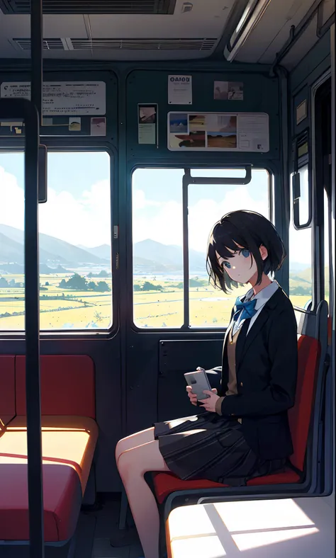 one girls, Looking at the landscape from inside the bus