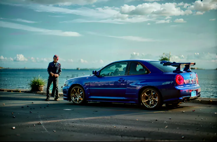 The Alafard blue car was parked on the dock next to a man, Wearing an Ultraman helmet，epic stance, shot at golden hour, blue colors, kodakchrome : : 8 k, taken with canon 5d mk4, hyperrealistic”, ultra realistic”, wrx golf, Low Dutch angle, skewed shot, ta...