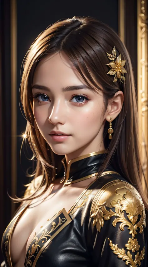 best quality, masterpiece, (realistic:1.2), 1 girl, brown hair, brown eyes, Front, detailed face, beautiful eyes, wear golden black suit, best quality, masterpiece, (realistic:1.2), 1 girl, detailed face, beautiful eyes, [(Transparent background:1.5)::5], ...