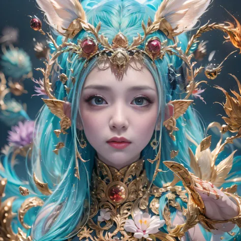 Outer Space 32K（tmasterpiece，k hd，hyper HD，32K），Long flowing light blue hair，ponds ，Mantis protector （realisticlying：1.4），Red robe with a flame pattern，Purple-pink tiara，Petals flutter，The background is pure，Hold your head high，Be proud，The nostrils look a...