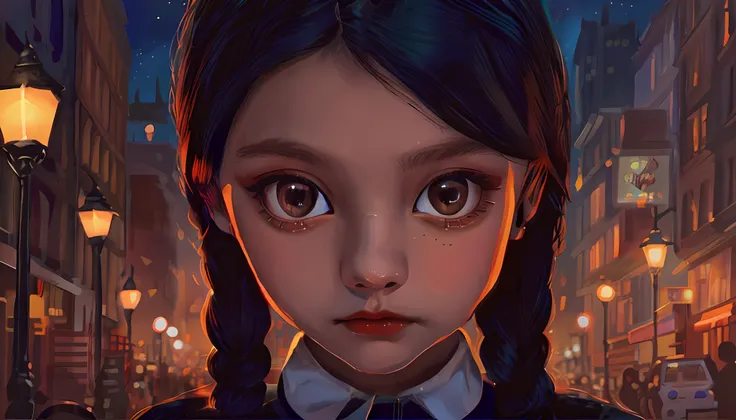 Wednesday Addams extremely gothic and dark in a city at night, 10yo, closeup retrato de personagem, retrato de personagem de closeup, Closeup da arte do personagem, retrato estilizado, Epic portrait illustration, Personagem de close up, Personagem close up...
