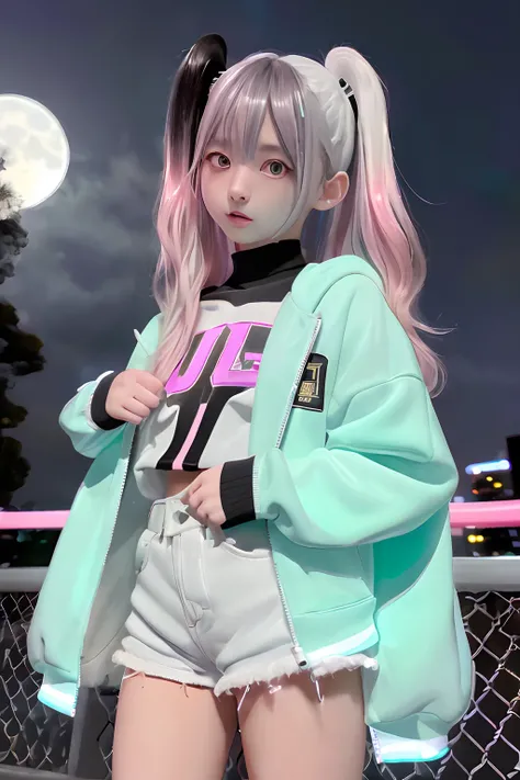 miku hatsune、Track jacket、Jersey、Golden and black and light blue and silver and pink hair、O cabelo multicolorido、Photorealsitic, hight resolution, Heterochromia eyes, small moles under eyes、bob cuts、Blunt bangs、Lucy(cyberpunked), 1girl in, hair scrunchie, ...