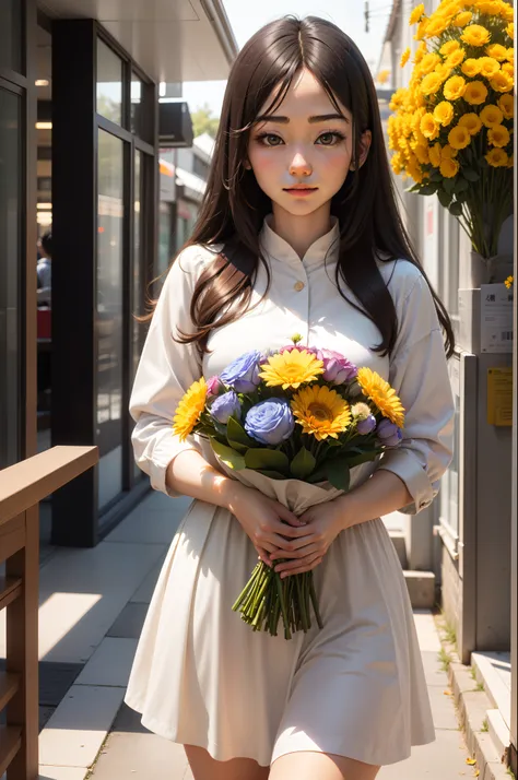 Surrounded by a fantastic aura of light、23-year-old girl holding a bouquet of flowers。