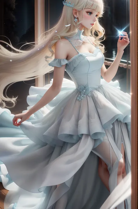 Princess　A Princess　Soft　Good style best quality(Highest Quality) , High quality(hiquality)　Soft hair　Light blue fluffy dress blonde　tiarra　The whole body is reflected A wonderful atmosphere with very delicate tones