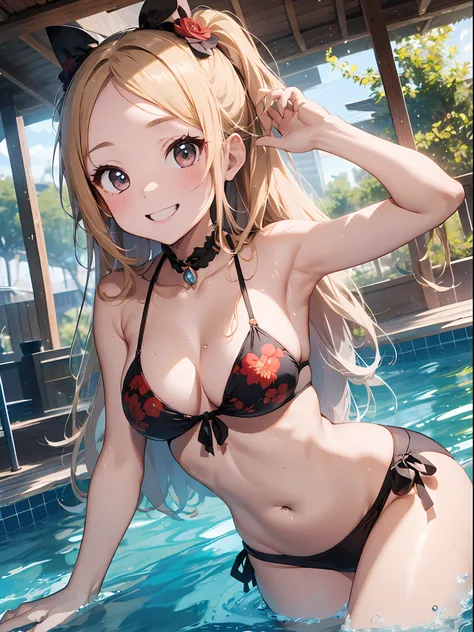 top-quality、masutepiece、8K、Pastel tones、girl with、a blond、(Bring out your forehead:1.2)、(Side tail)、Very long hair、Resort Pool、Ruffled bikini with red floral pattern、Dynamic Styles、miscievous smile