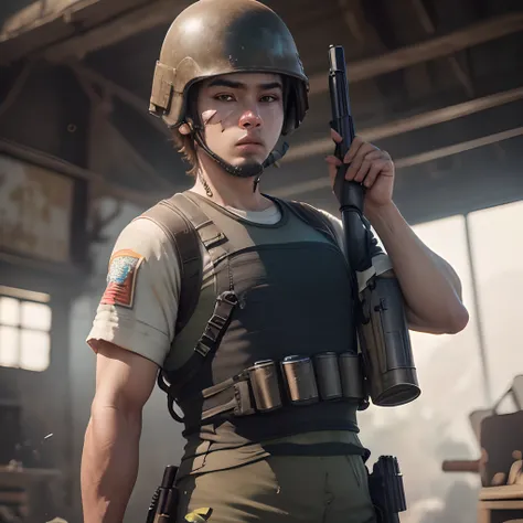 A boy in pubg game clothes, with gun on back and were 2 level helmet and funky dress of pubg