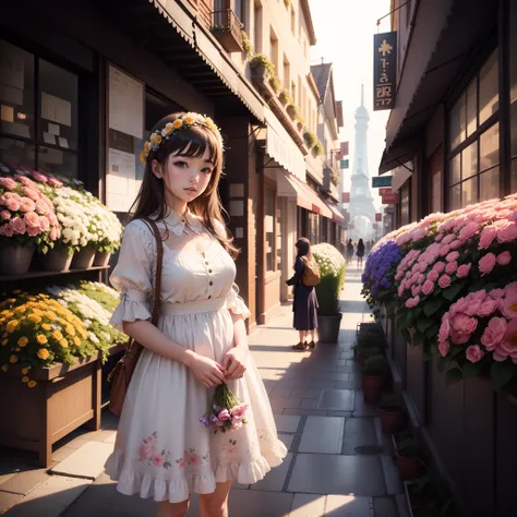 Standing in the city of light and fantasy、Young 23 year old woman decorated with delicate illustrations and blooming flowers