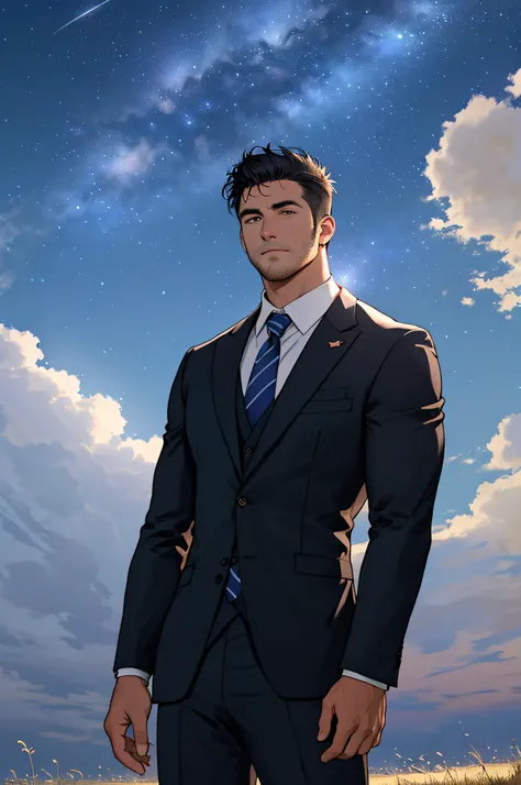 Draw a full-fledged footballer，Standing on the steppe at night，Quiet and comfortable background，He wears the same suit as the countrys president，The suit fits perfectly，The man looks confident and determined，looking-down，Crew cut，full bodyesbian，Stars dot ...