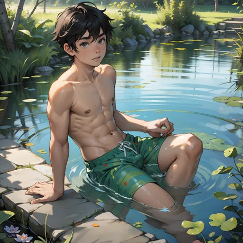 A boy in swimming trunks，pond，Beautiful