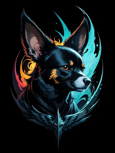 [chihuahua] Heraldic silhouette, logo masking style illustration, by dan mumford, by greg rutkowski, by james jean, black background, fantasy art, mysterious, realistic, majestic, rich vibrant colors, high contrast, seamless water brand, artstation, devian...