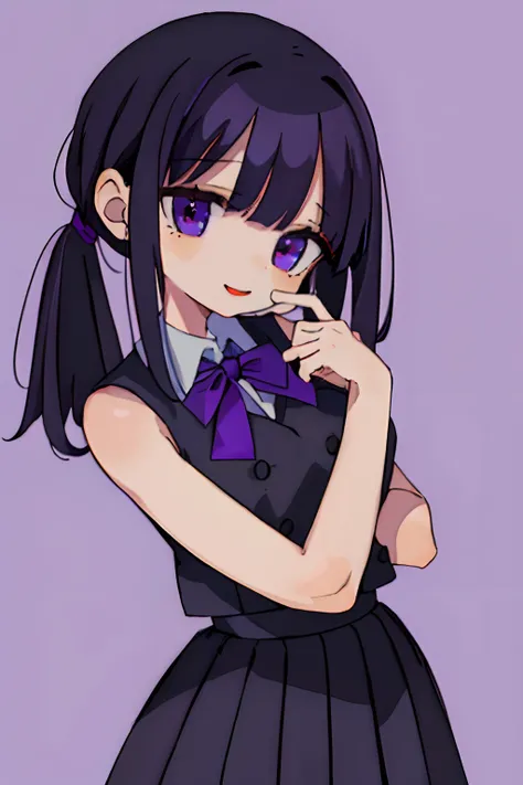 simple background, ribbon, black school uniform,
(best quality, masterpiece, RAW photo,ultra-detailed:1.2), 1girl,solo,looking at viewer, (black hair with purple strikes), long hair, looking at viewer, tan skin, medium breasts, smile, (large ponytail), ((p...