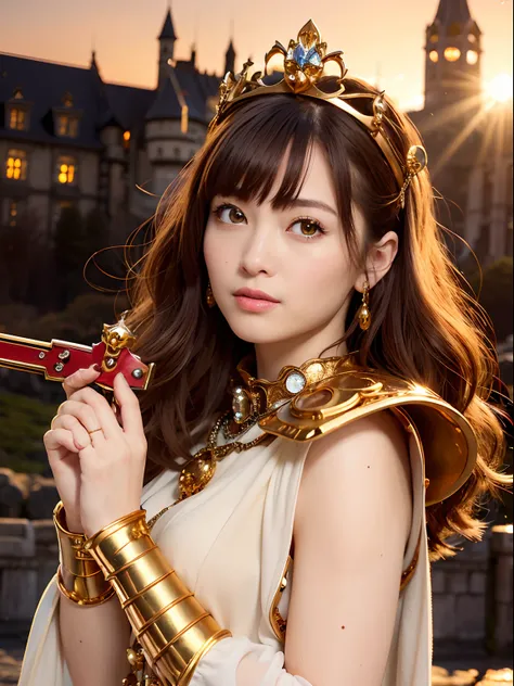 (masutepiece), Professional , ​masterpiece、top-quality、photos realistic , depth of fields （Gemstone Silver Metal Body:1.９),(Matte yellow、Jewel Gold Weapon、（Gorgeous castle background）、（Jewel Metal Body:1.４),Gorgeous Jewel Metal Weapons , Detailed Sword of ...