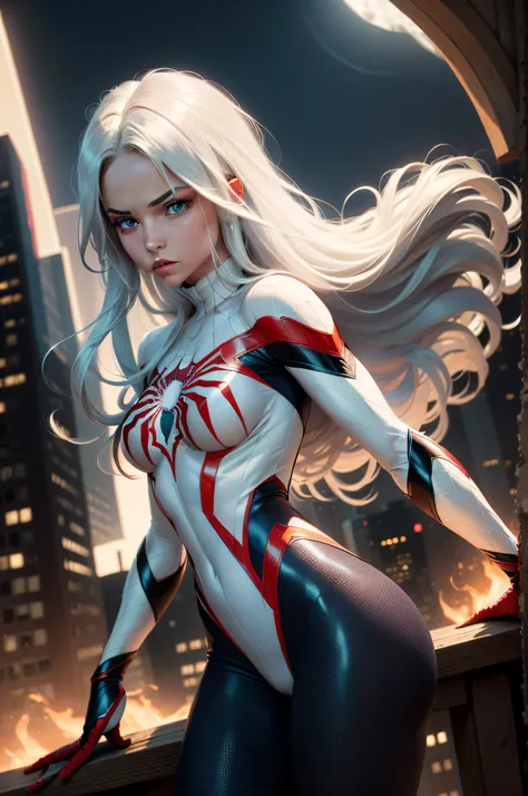 (Masterpiece, 4k resolution, ultra-realistic, very detailed), (White superhero theme, charismatic, theres a girl on top of town, wearing Spider-Man costume, shes a superhero), [ ((25 years), (long white hair:1.2), full body, (blue eyes:1.2), ((Spider-Man p...