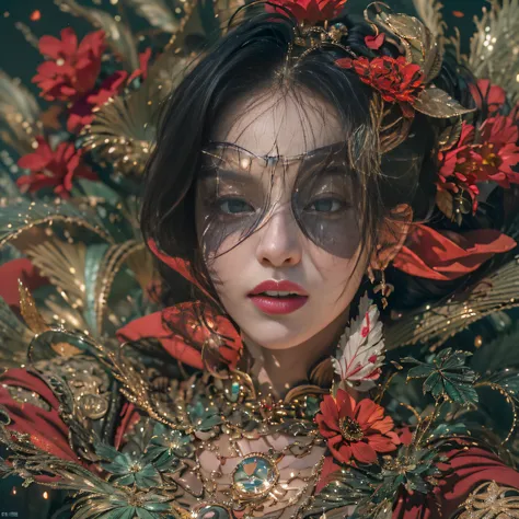 Outer Space 32K（tmasterpiece，k hd，hyper HD，32K），Long flowing black hair，ponds ，Mantis protector （realisticlying：1.4），Red robe with a flame pattern，Purple-pink tiara，Petals flutter，The background is pure，Hold your head high，Be proud，The nostrils look at peo...