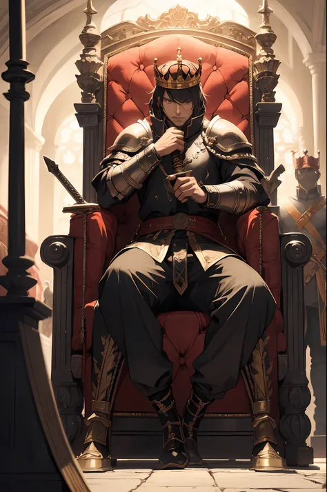 King, wearing full plate armor, sat on the throne holding a sword stuck in the floor, in front of him were many soldiers, masterpiece, 8k, high resolution