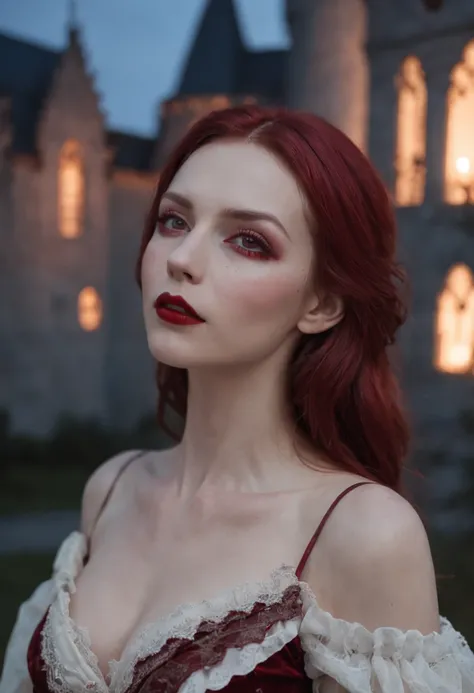 A delicate and beautiful picture of a female vampire standing on the porch of a castle under the stars, take up close, Dynamic angle super delicate face, and there is blood on the corners of your mouth，Hyper-feminine, gray colored skin, Red hair, (A charmi...