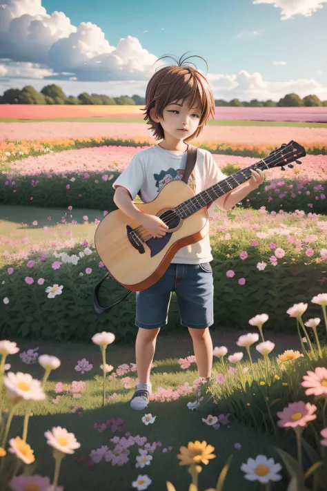 Anime - style photo of a little boy holding a guitar in a flower field, Realistic anime 3 D style, anime styled 3d, plays the guitar, Boy plays guitar, standing in flower field, guitarists, in a field of flowers, Rendering of a cute 3D anime boy, Anime sty...