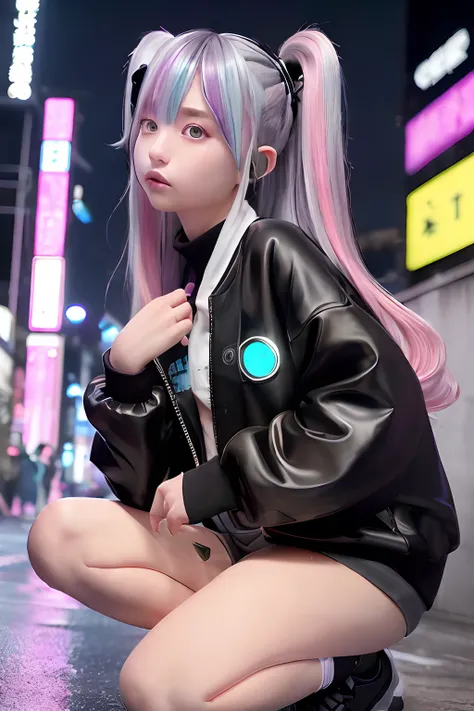 miku hatsune、Black track jacket、Jersey、Golden and black and light blue and silver and pink hair、O cabelo multicolorido、Photorealsitic, hight resolution, Heterochromia eyes, small moles under eyes、bob cuts、Blunt bangs、Lucy(cyberpunked), 1girl in, hair scrun...