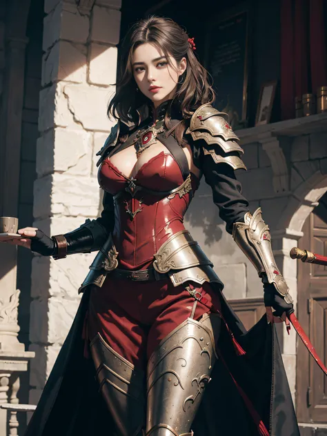 tmasterpiece，A high resolution,Absolutely beautiful，a mature female，Fine and detailed eyes and detailed face，Tall and tall，short detailed hair，She wears armor，Full coverage armor，Armor pants，Armor boots，Show the armor look、Shogun， allure：（Tall：1.4），haughty...