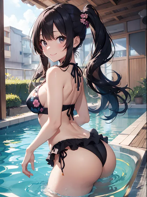 top-quality、masutepiece、8K、Pastel tones、girl with、A dark-haired、(Low Long Twin Tail)、Very long hair、Resort Pool、Light blue floral ruffled bikini、s ass、Turned、Dynamic Styles、Outstanding Smile