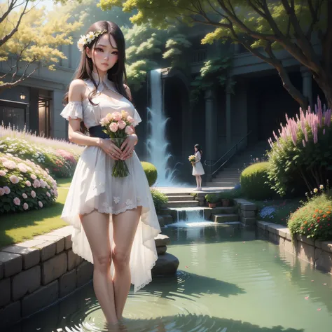 With beautiful woman standing in sparkling glass river and flower garden、Dreamy landscape of the city。