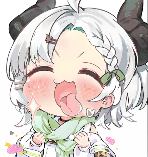 (((tchibi))),((Brown horn)),((green scarf)),(((White hair))),Short hair,ahoge,(french braid),Green hairpins,White coat,Open coat,Black bra,cropped shoulders,(Closed eyes),Tongue out,Light blush