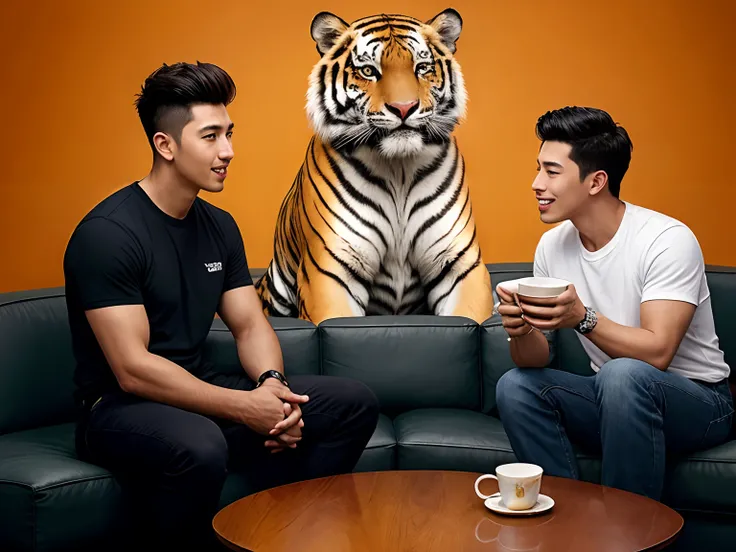 three men in yellow shirt sitting on a couch with a tiger behind them while drinking coffee and cheering watching television, cyberpunk theme, holding cup of coffee,  tigers, tiger_beast, malaysian, actor, fattah amin and farid kami, zizan razak , tiger, b...