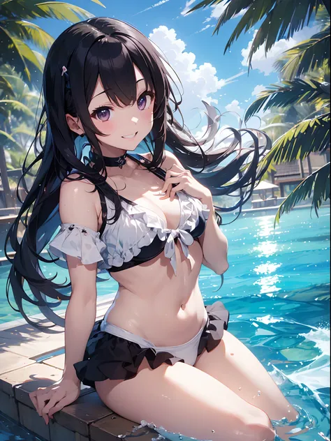 top-quality、masutepiece、8K、Pastel tones、girl with、A dark-haired、(Low Long Twin Tail)、Very long hair、Resort Pool、White bikini with lots of small ruffles、dynamic motion、dynamic ungle、Outstanding smile