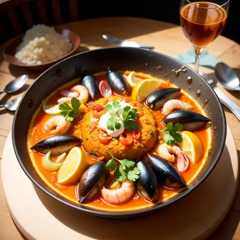 tints: Reproduce the paella with characteristic yellow and orange tones。
Texture: The rice grains are plump、The ingredients and seasonings enhance the deliciousness.。
Tools: prawn、mussel、squids、Draw a paella in which chicken is seen。
Arranged: Ingredients ...