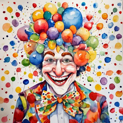 clown, watercolor, colorful, vibrant, expressive brushstrokes, whimsical, playful, exaggerated features, exaggerated smile, big red nose, colorful makeup, red lips, blue eyes, tears streaming down face, striped shirt, oversized bowtie, polka dot pants, sus...